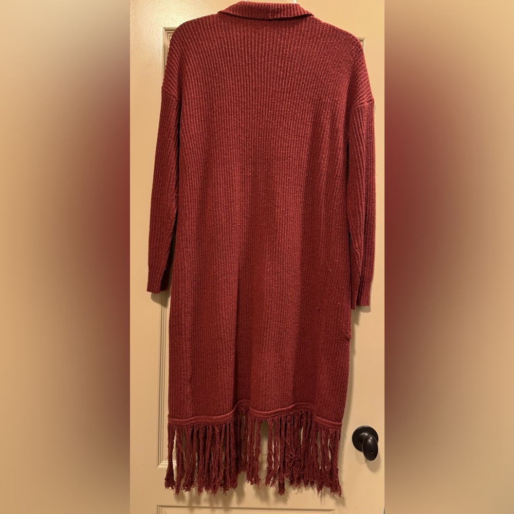 Mud Pie maroon knit, long, open sweater with fringed bottom. Size S/M. - Picture 2 of 4